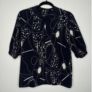 Vintage Jaeger, Made in Great Britain, Collard Abstract Blue Short Sleeve Blouse